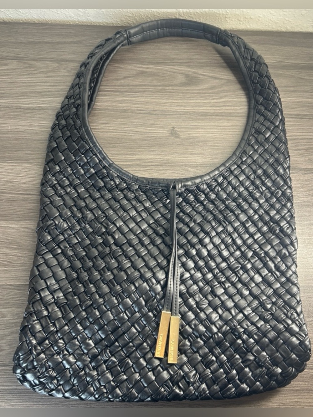 Calvin Klein Woven Hobo Bag Black Faux Leather Slouchy Shoulder Large
